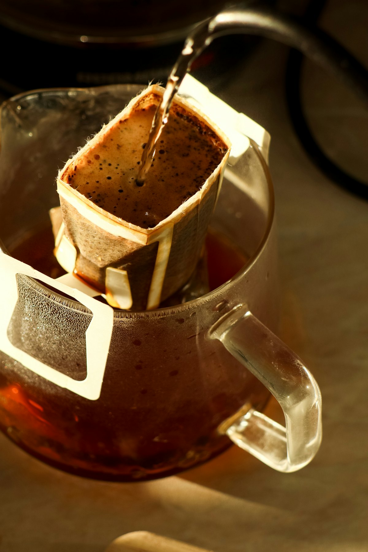 Hot water poured slowly over a coffee filter